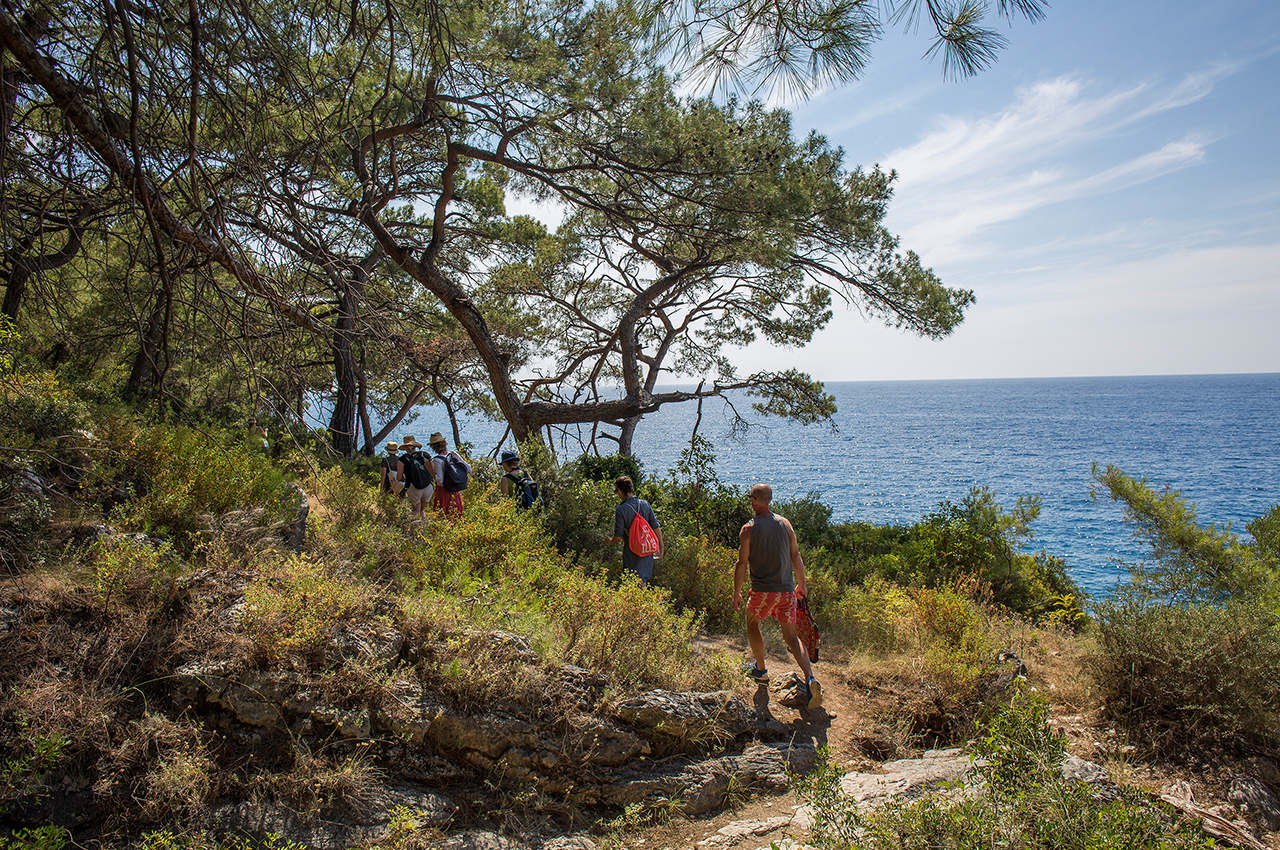 Walkers following a trail along the coast